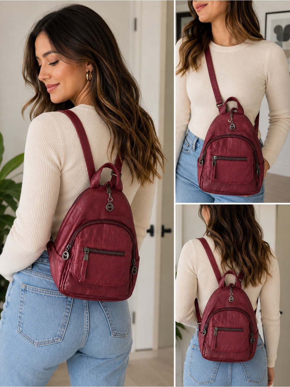 Mia K Burgundy Convertible Mini Backpack Crossbody Purse Vegan Leather